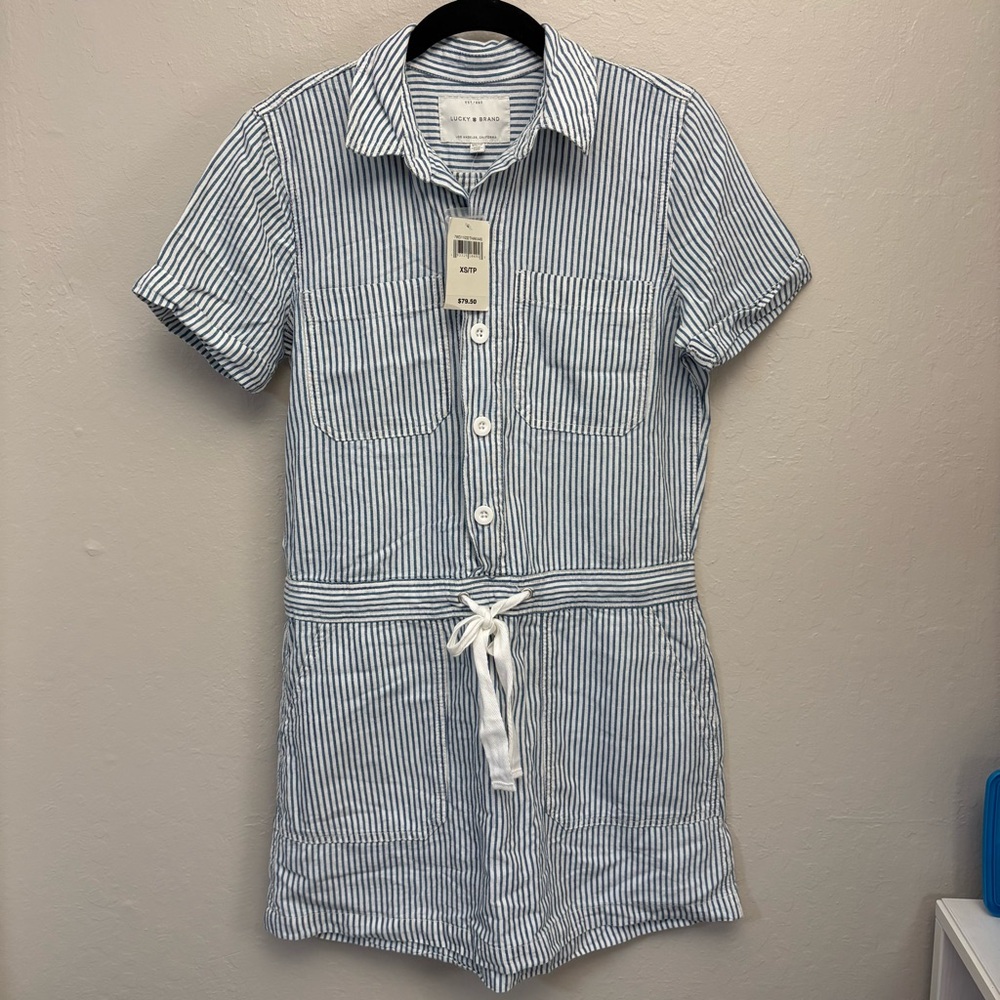 Lucky Brand XS Blue & White Striped Button Down Shirt Romper Dress Linen Xsmall